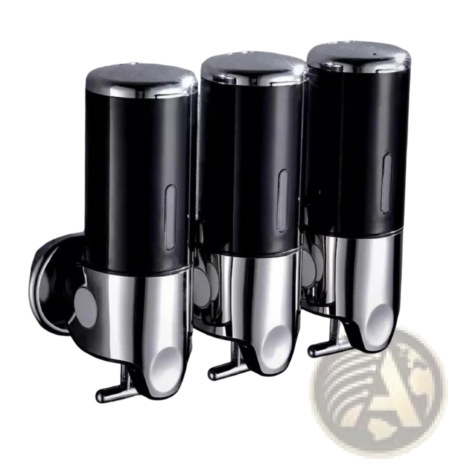 Black and chrome three-tier wall mounted soap dispenser set with abs pump for bathroom or kitchen use