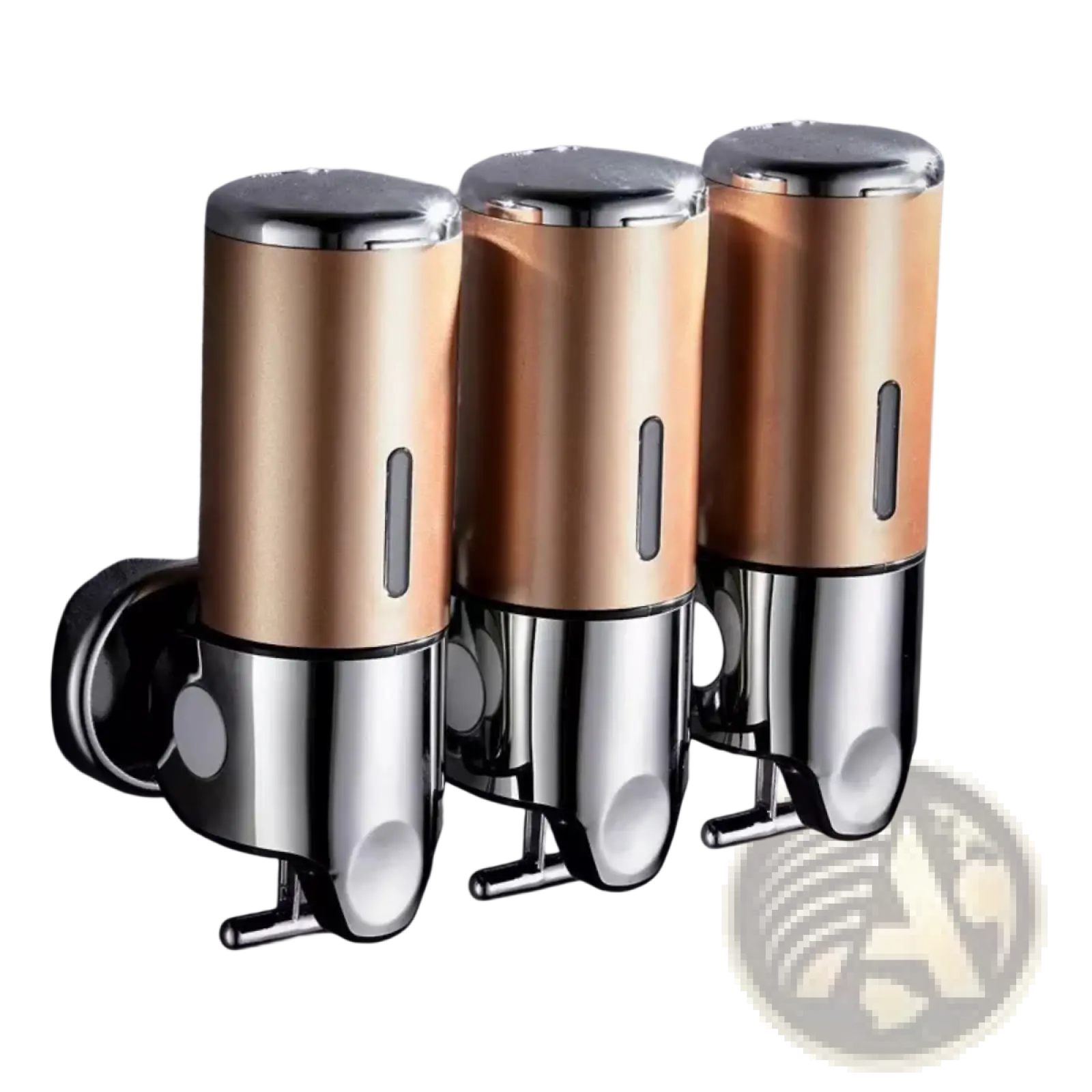 Set of three wall mounted soap dispensers in gold and chrome with abs pump and sleek modern design