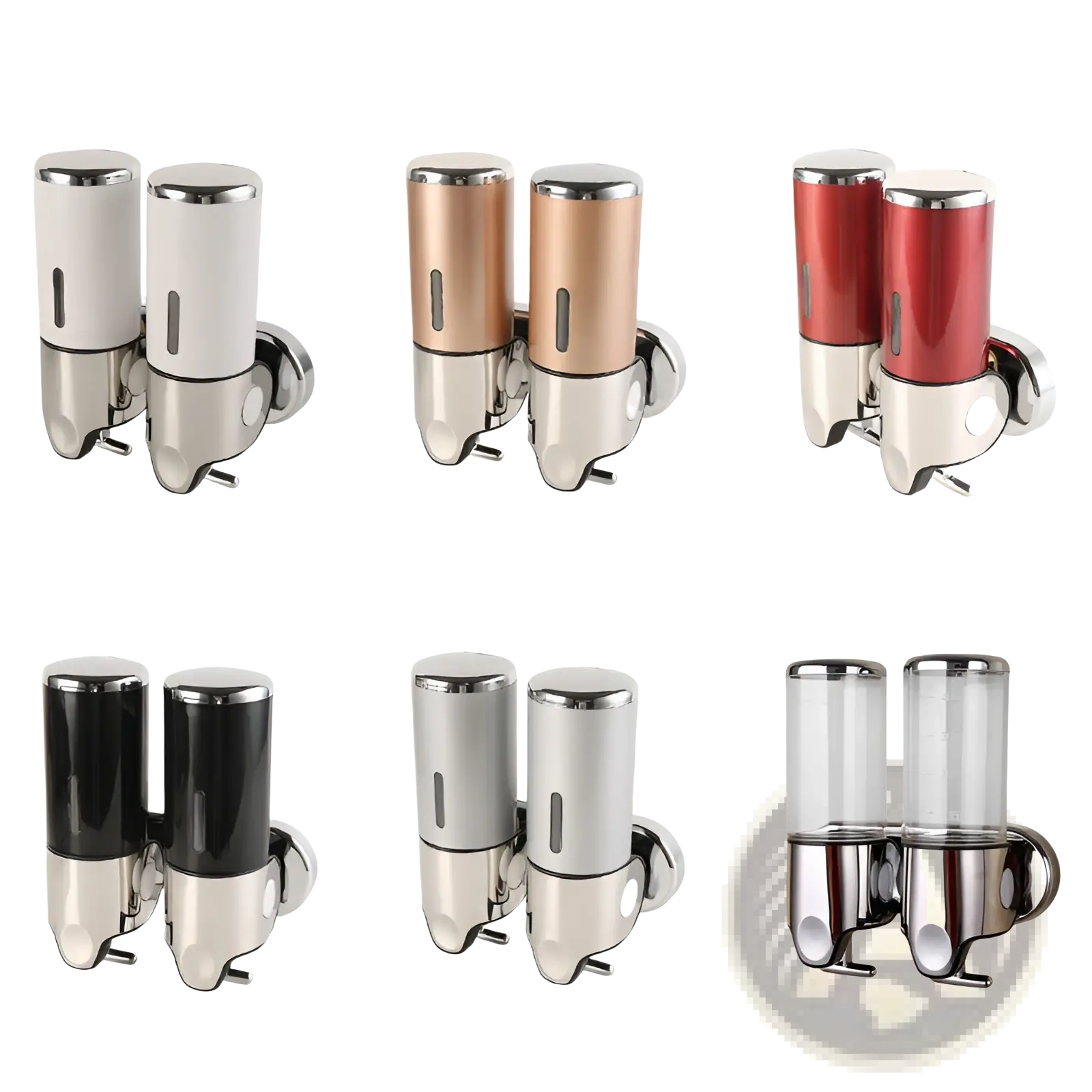 Wall mounted soap dispenser chrome abs pump with dual dispensers in chrome white rose gold red black silver and clear finishes