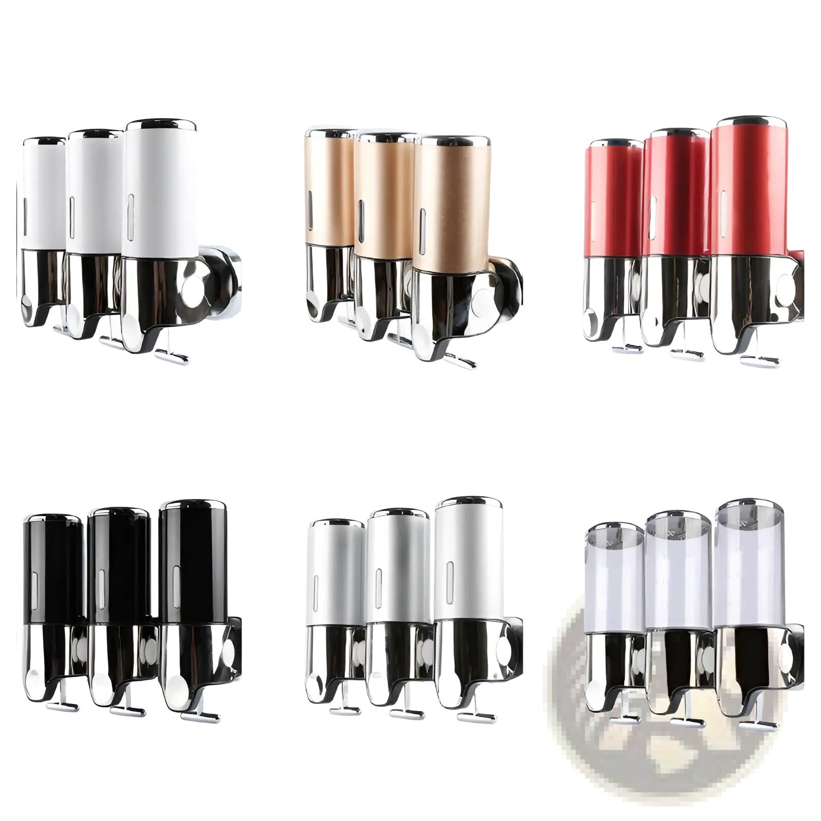 Set of three 1500ml wall mounted soap dispensers with chrome abs pumps in white gold red black silver and clear colors