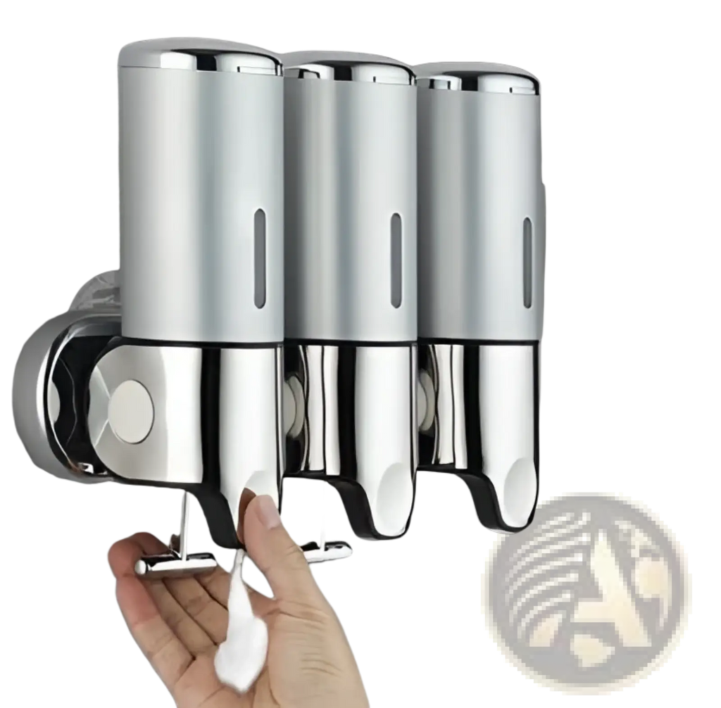 Silver three-compartment wall mounted soap dispenser in chrome abs with push button dispensing mechanism