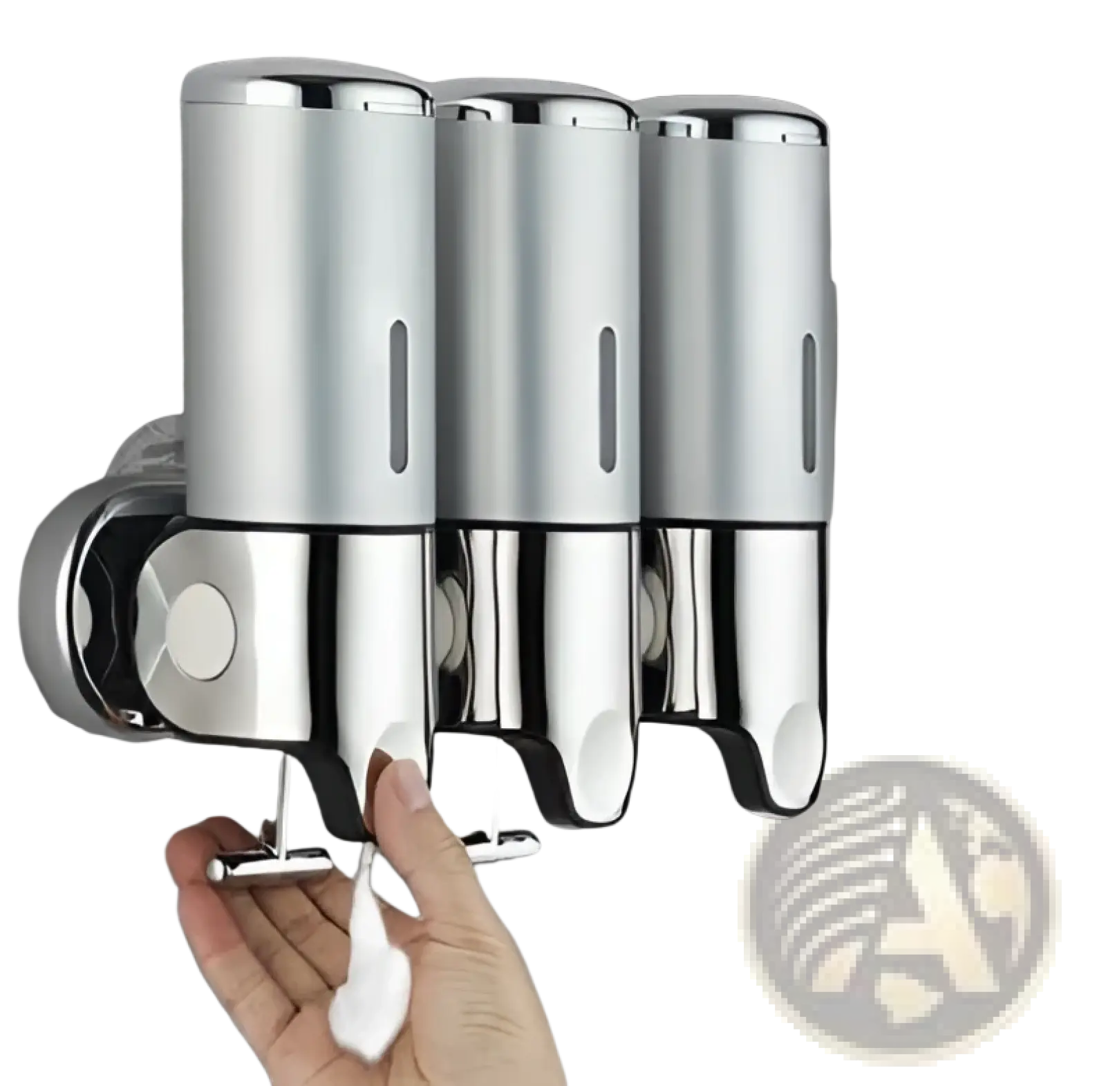 Silver three-compartment wall mounted soap dispenser in chrome abs with push button dispensing mechanism