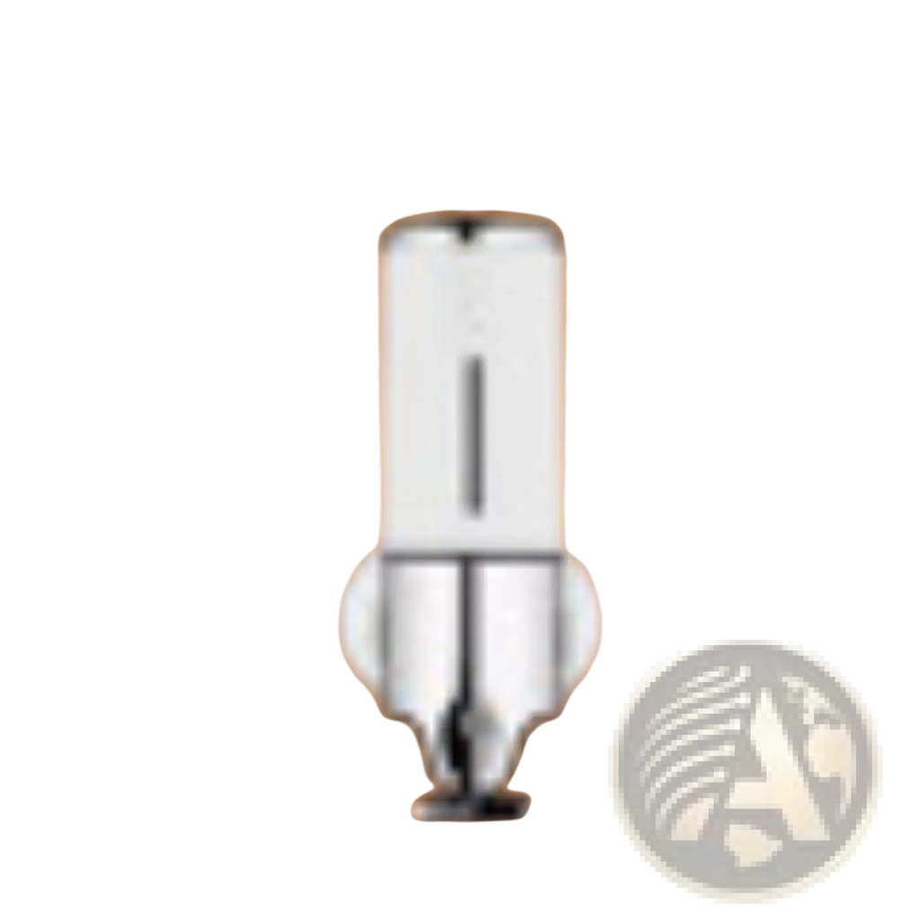 A sleek wall mounted soap dispenser with a white upper section and chrome finished abs pump base in modern design
