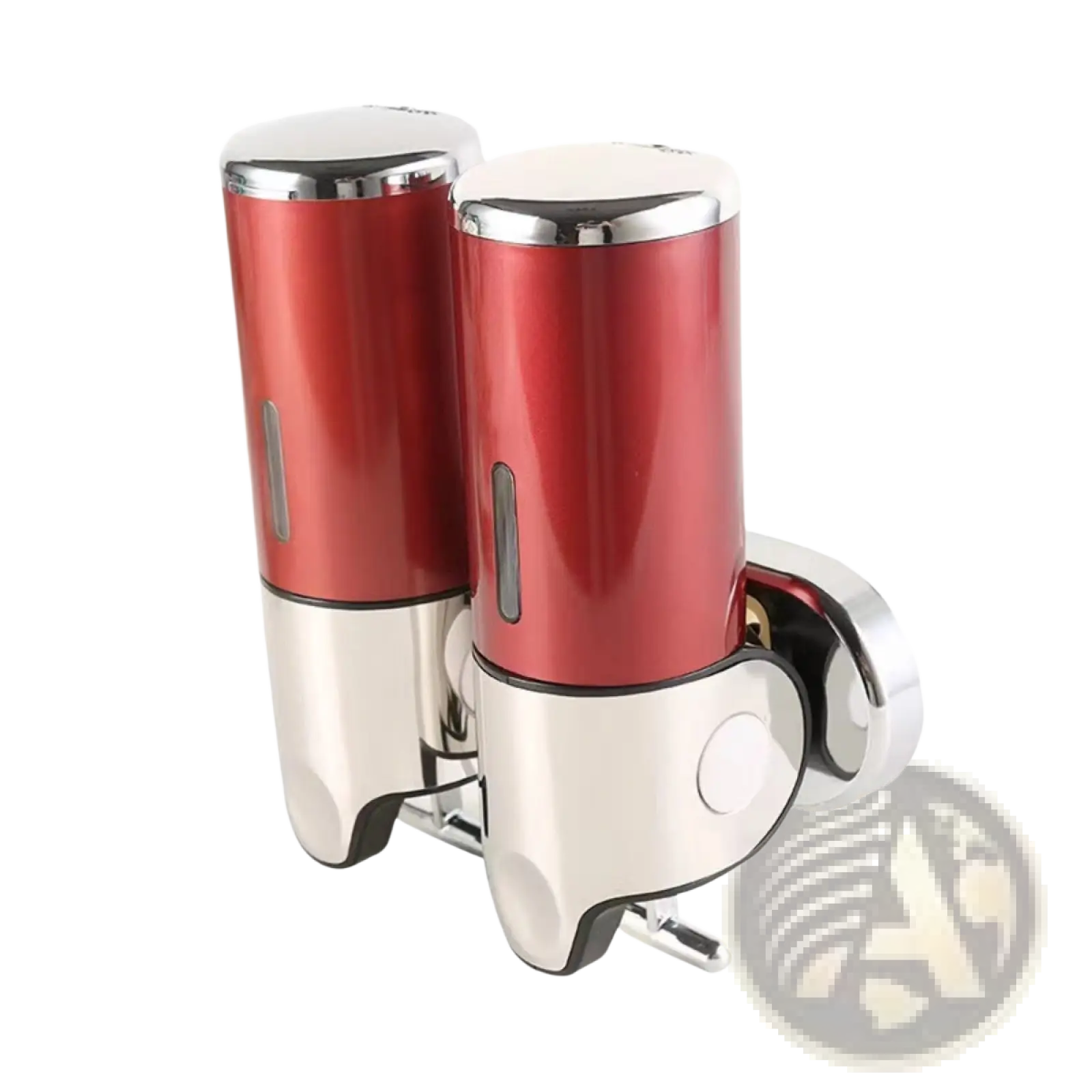 Wall mounted soap dispenser with red and chrome dual cylindrical design and abs pump for convenient use