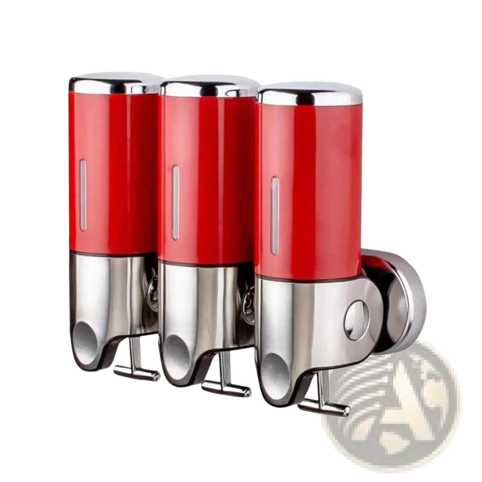 Three red and chrome wall mounted soap dispensers with sleek modern abs pump design for bathroom use