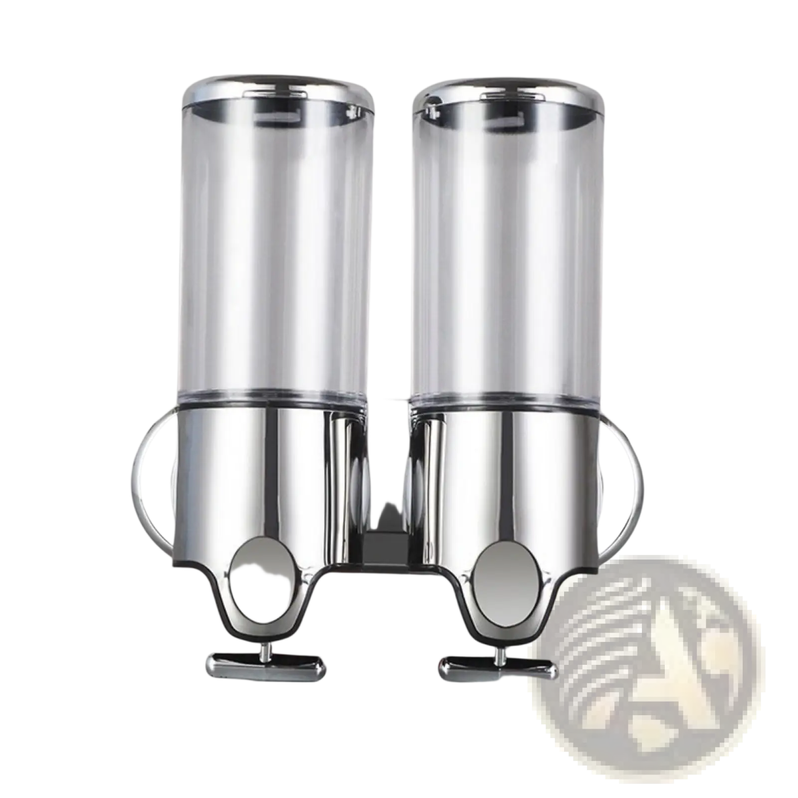 Chrome finished wall mounted soap dispenser with dual transparent cylindrical tanks for soap and lotion use