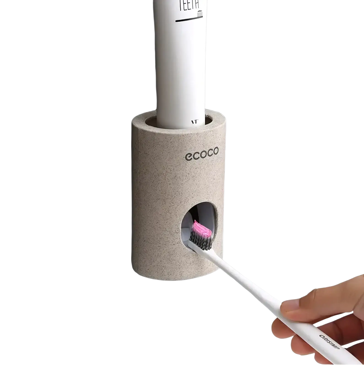 Beige textured wall mounted ecoco toothbrush holder with integrated toothpaste dispenser for bathroom organization
