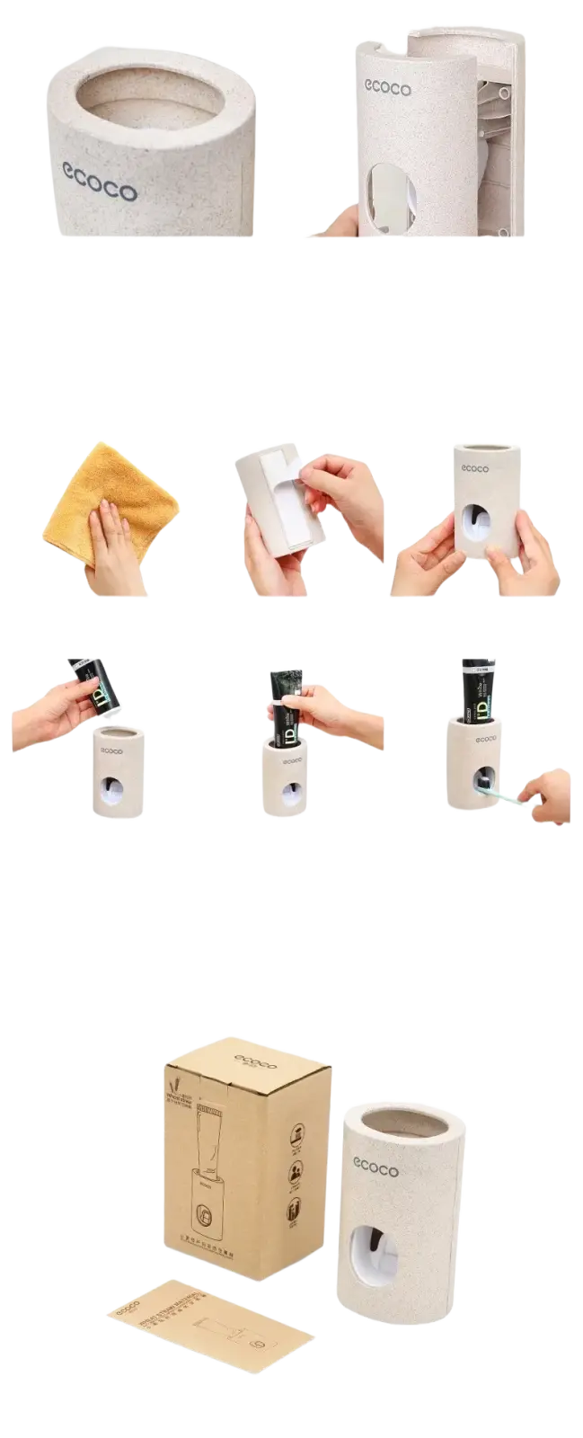 White cylindrical wall mounted toothpaste dispenser and holder set with curved design and ecoco branding