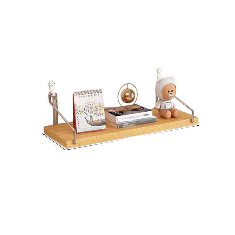 Light wood wall mounted floating shelf with metal brackets and cat-themed hooks for living room applicable space