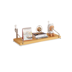 Light wood wall mounted floating shelf with metal brackets and cat-themed hooks for living room applicable space