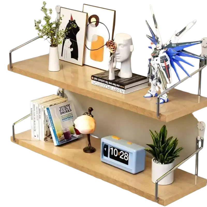 Light blue digital alarm clock on wall mounted wood floating shelf for living room applicable space organization