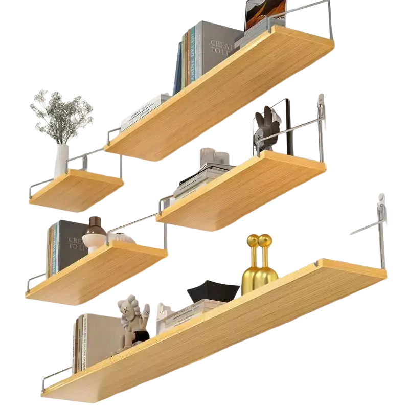 Light wood wall mounted floating shelves with sleek metal brackets for living room applicable space organization