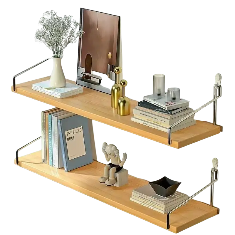 Light wood wall mounted floating shelf with sleek metal brackets for living room and applicable space decor