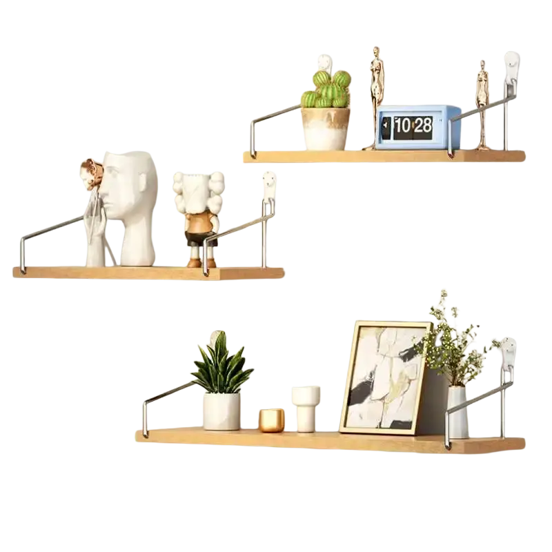 Light wood wall mounted floating shelves with sleek metal brackets ideal for living room and applicable space decor