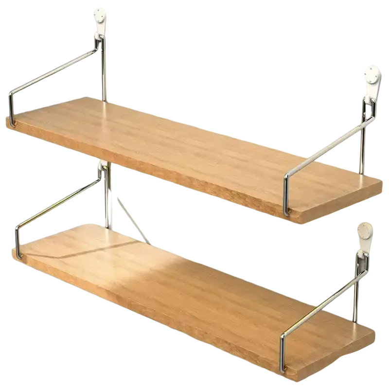 Minimalist wall mounted wood floating shelves in light wood finish with chrome brackets for living room applicable space