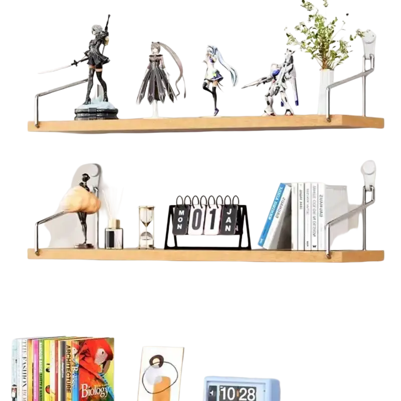 Wooden wall mounted floating shelves with metal brackets in natural wood finish for living room applicable space