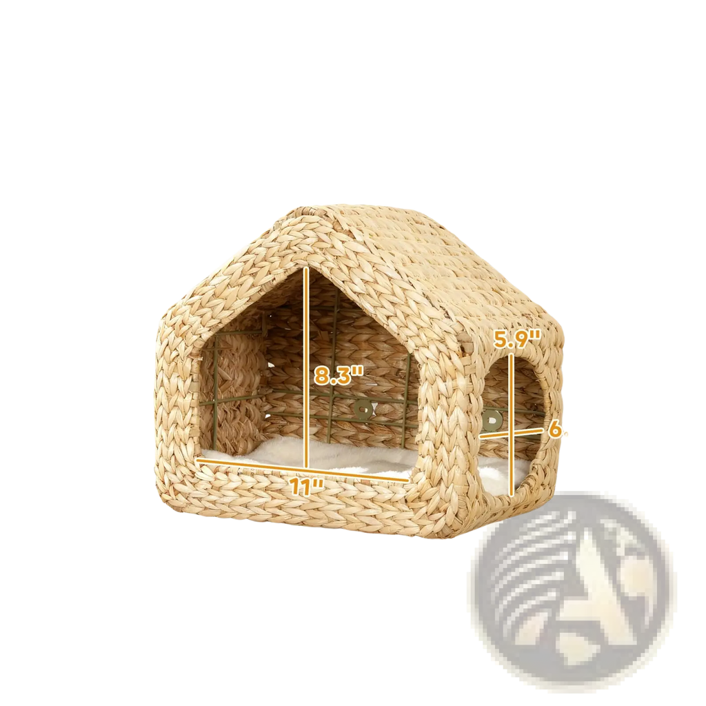 Beige woven straw wall mounted cat house with cozy interior and soft white cushion for pet comfort