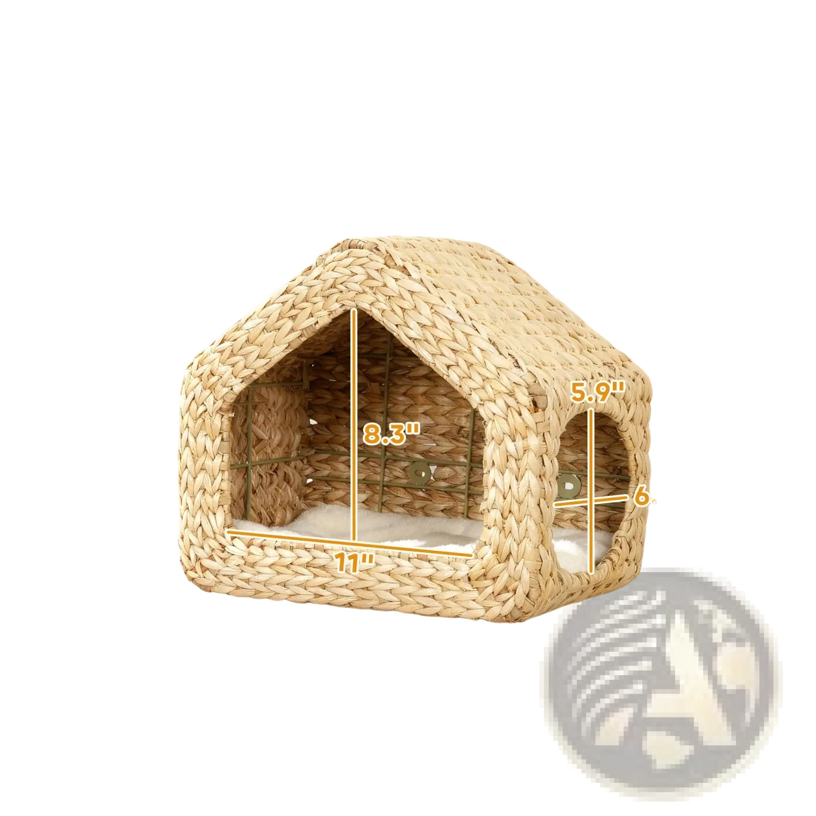 Beige woven straw wall mounted cat house with cozy interior and soft white cushion for pet comfort