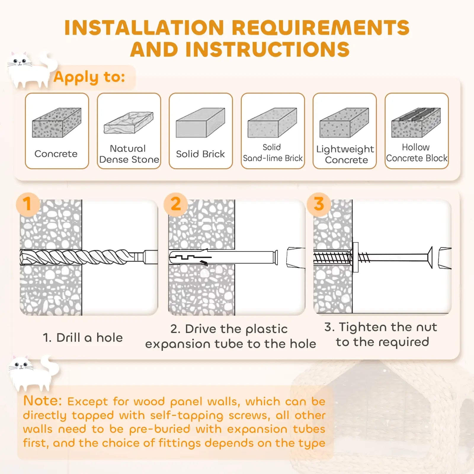 Installation instructions diagram for expansion tube anchors for concrete stone and brick surfaces for wall mounted woven cat house with cushion