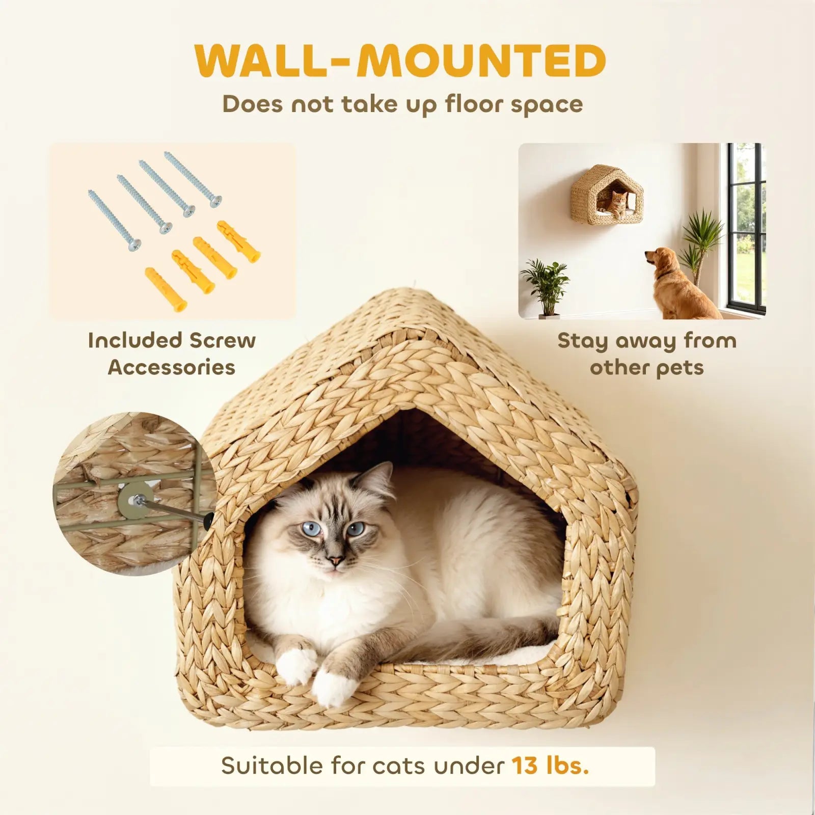 Beige woven straw wall mounted cat house with cushion and cozy interior for cats under 13 lbs