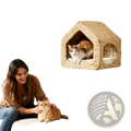 Beige woven wicker wall mounted cat house with soft cushioning and cozy interior for pet comfort