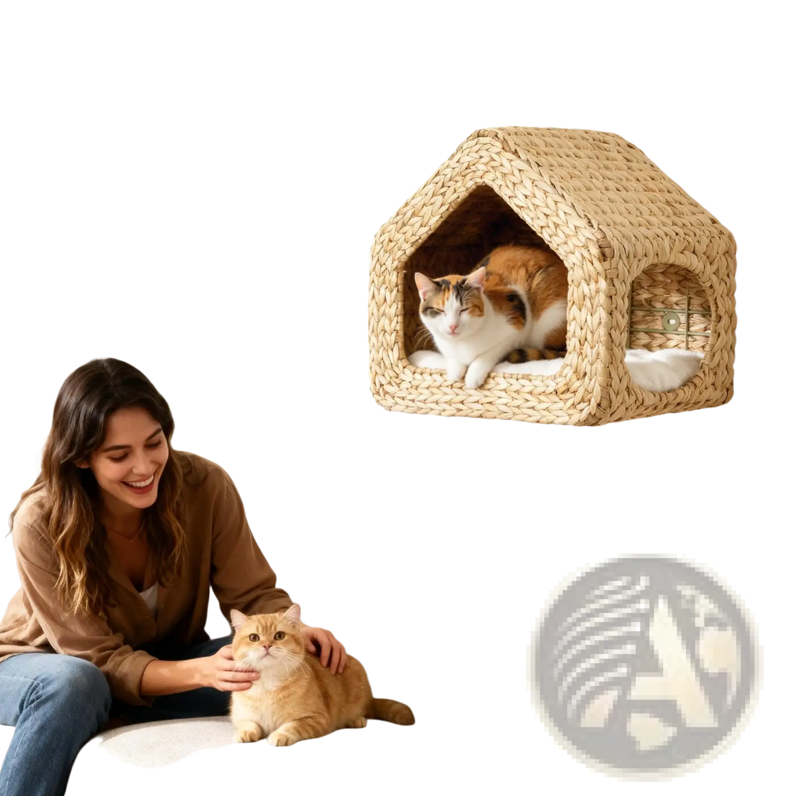 Beige woven wicker wall mounted cat house with soft cushioning and cozy interior for comfortable pet use