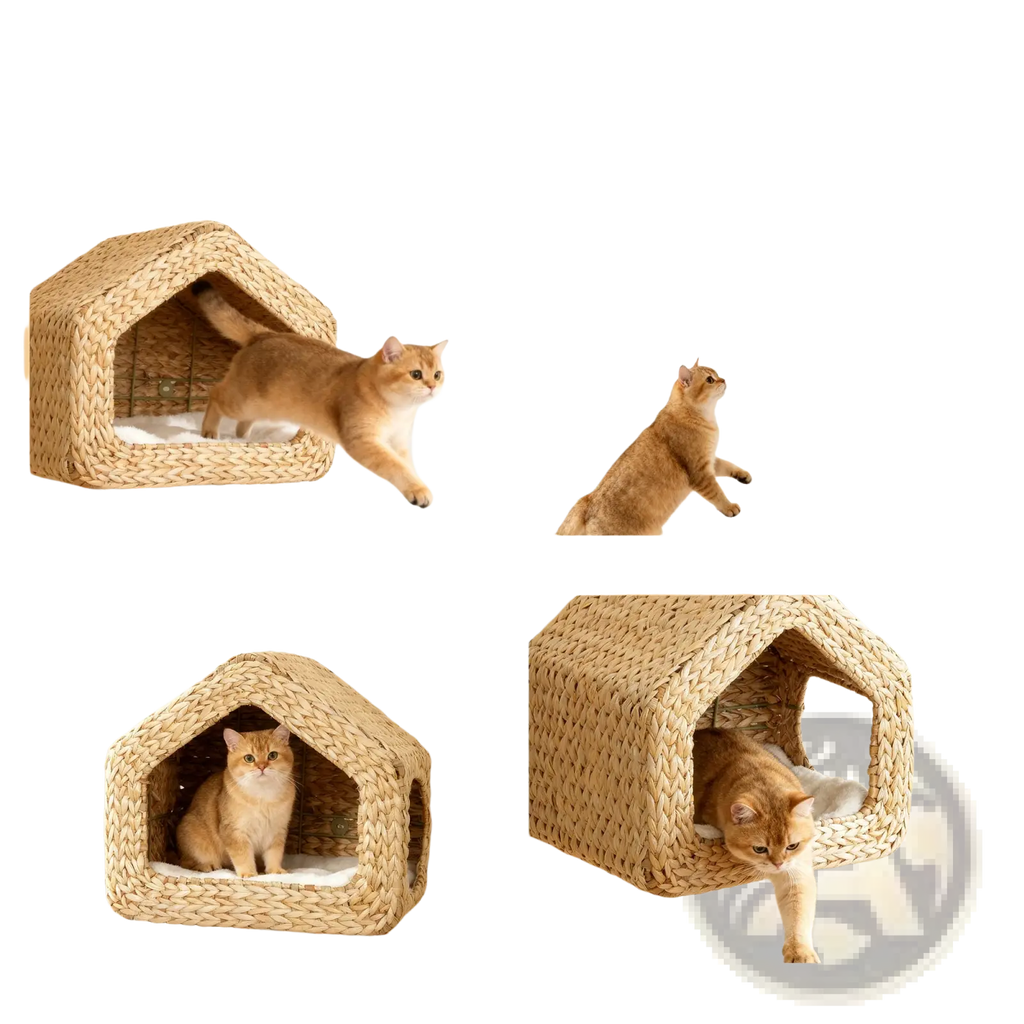 Beige woven wicker wall mounted cat house with small entrance and cozy cushioned interior for pet comfort