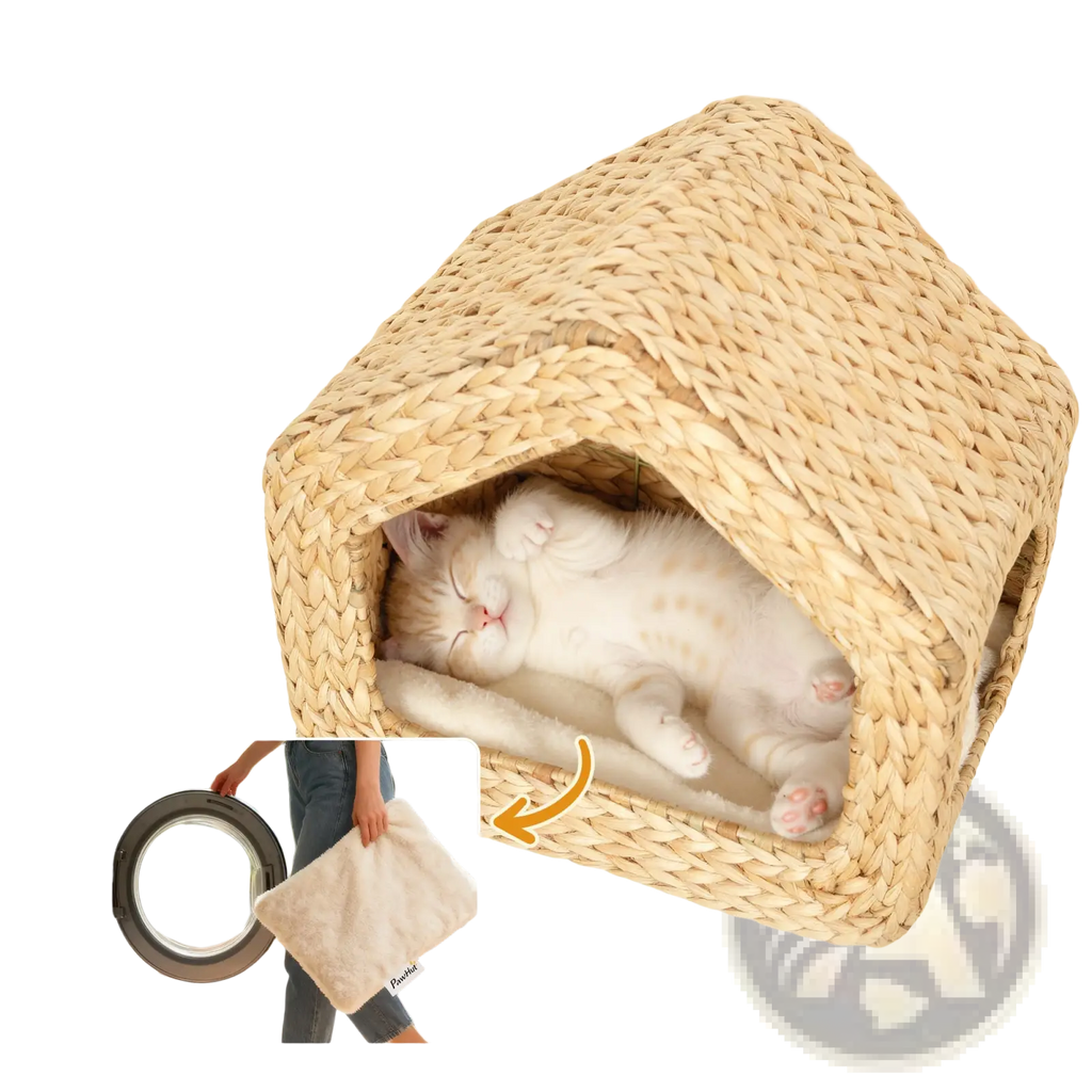 Beige woven wicker wall mounted cat house with a soft white cushion inside for comfortable pet resting