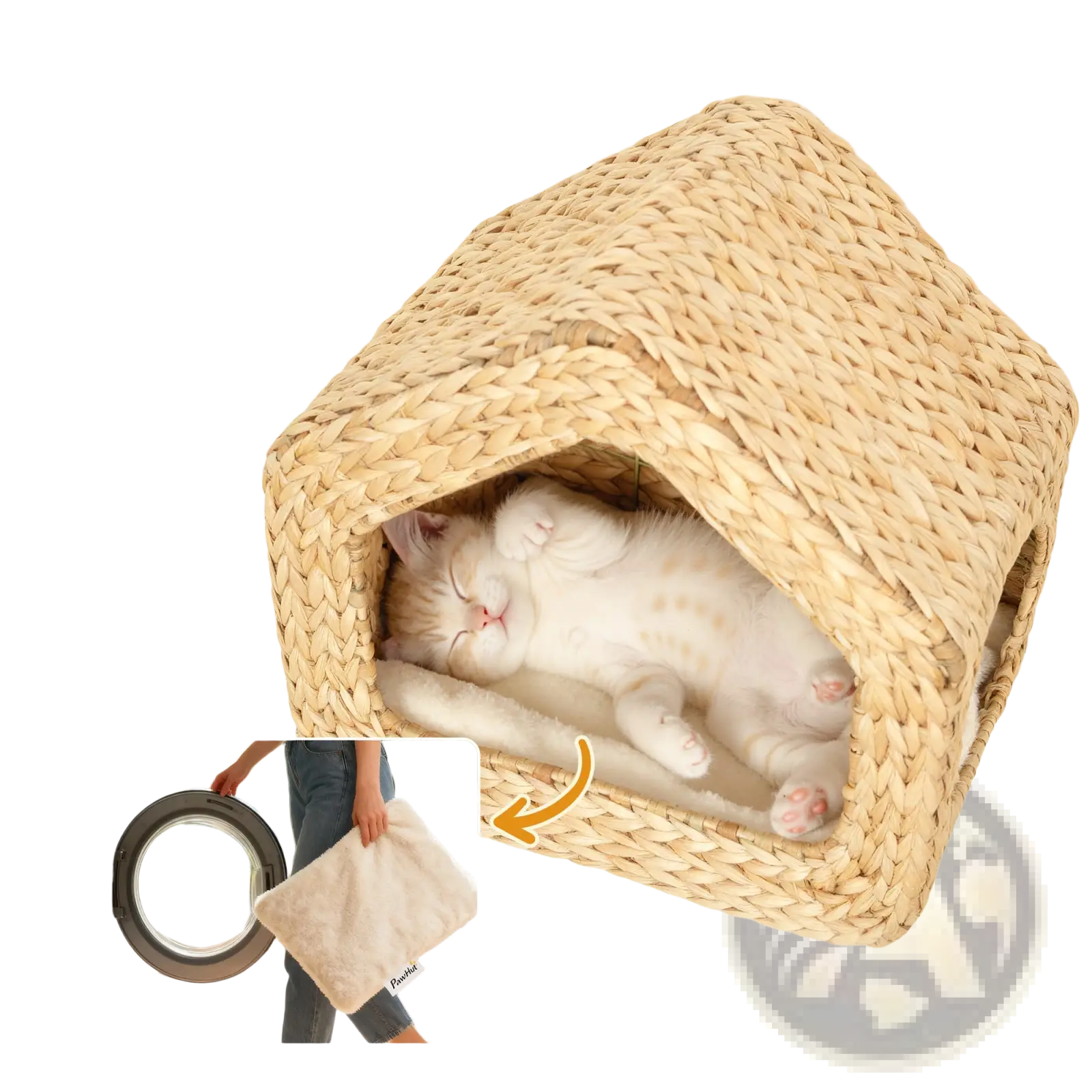 Beige woven wicker wall mounted cat house with a soft white cushion inside for comfortable pet resting