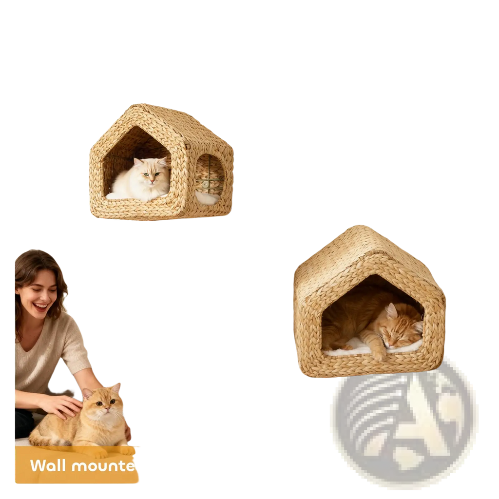 Wall mounted woven straw cat house with cozy cushion interior and small window for peekaboo play