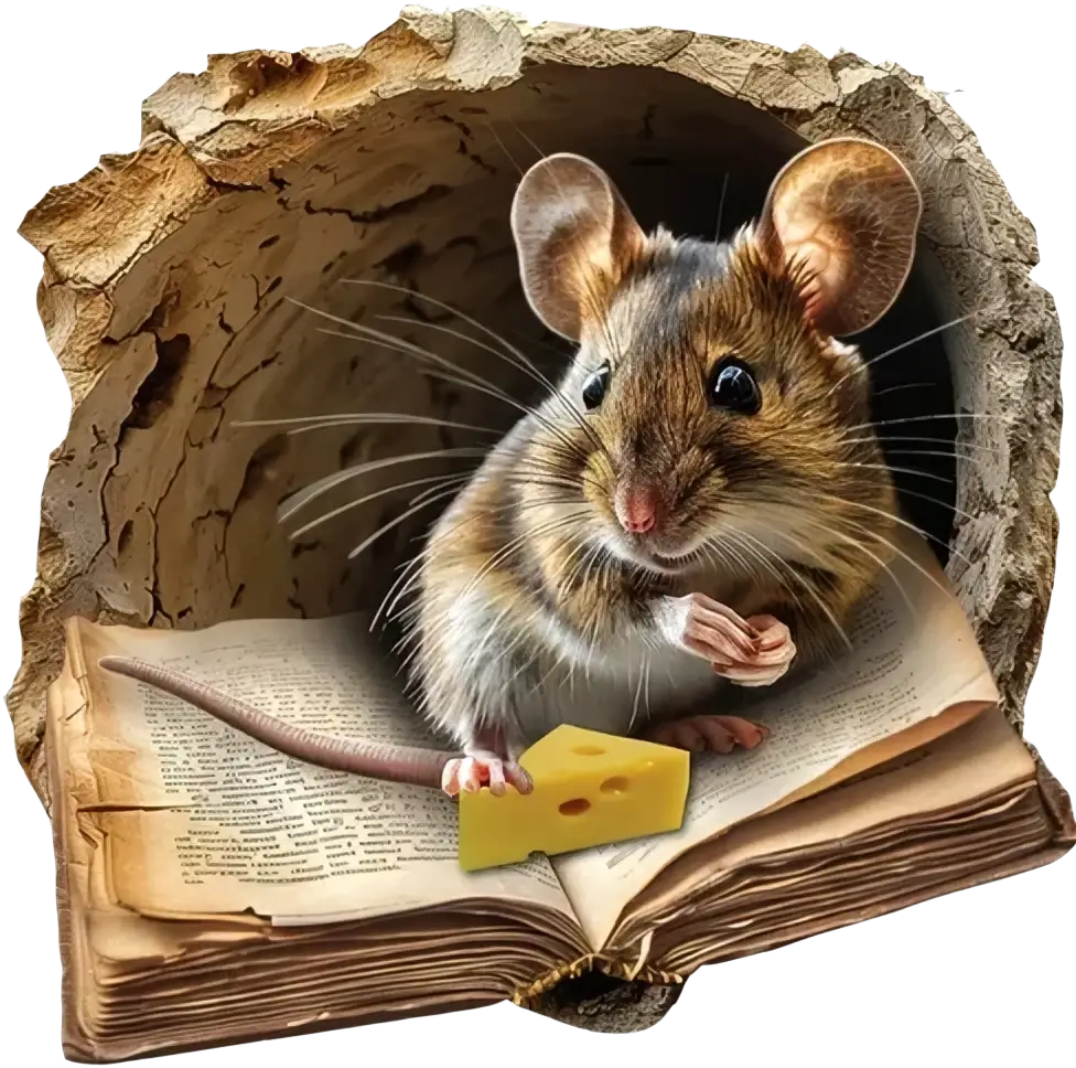 A brown and gray mouse wall sticker holding cheese inside a hollow tree trunk made of removable PVC material