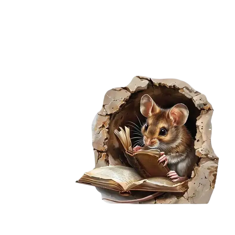 A charming brown and gray mouse wall sticker with large ears holding a book peeking from a textured pvc hole design size stickers