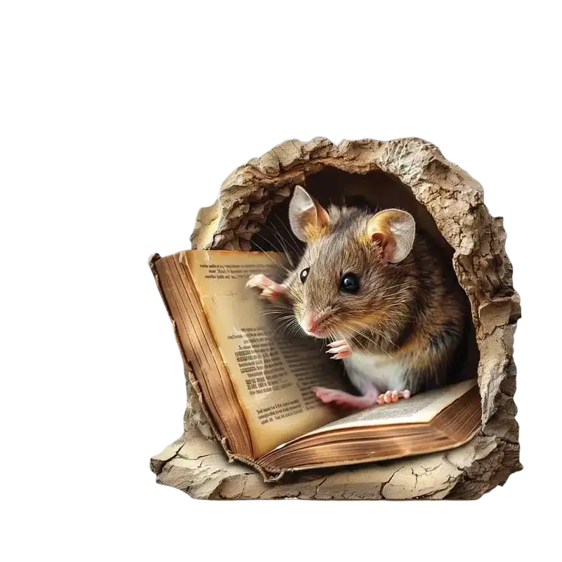 A charming brown and white mouse wall sticker with 3d effect on a vintage book design made of removable pvc material