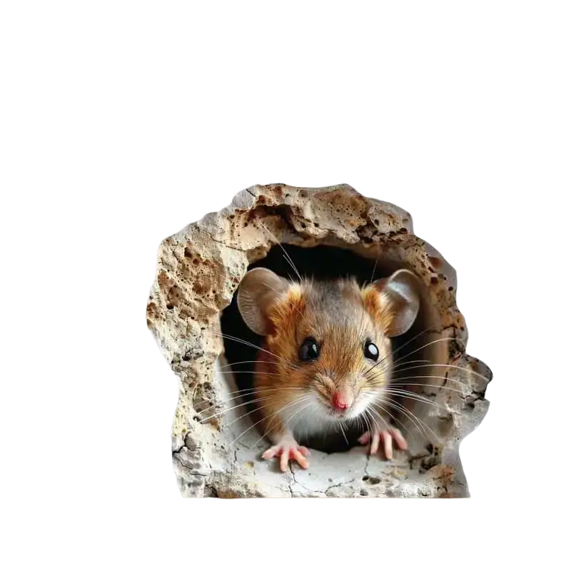 A realistic 3d wall sticker showing a brown and white mouse peeking from a textured rocky hole made of pvc