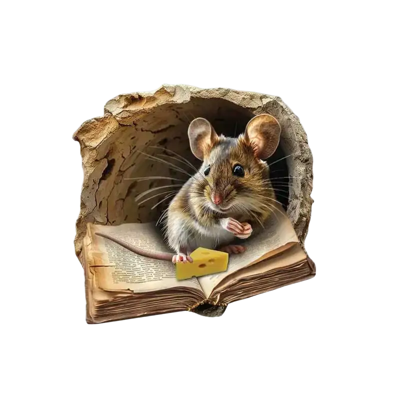 A realistic brown and gray mouse peeking from a 3d pvc wall sticker of a mouse hole with cheese near an aged book