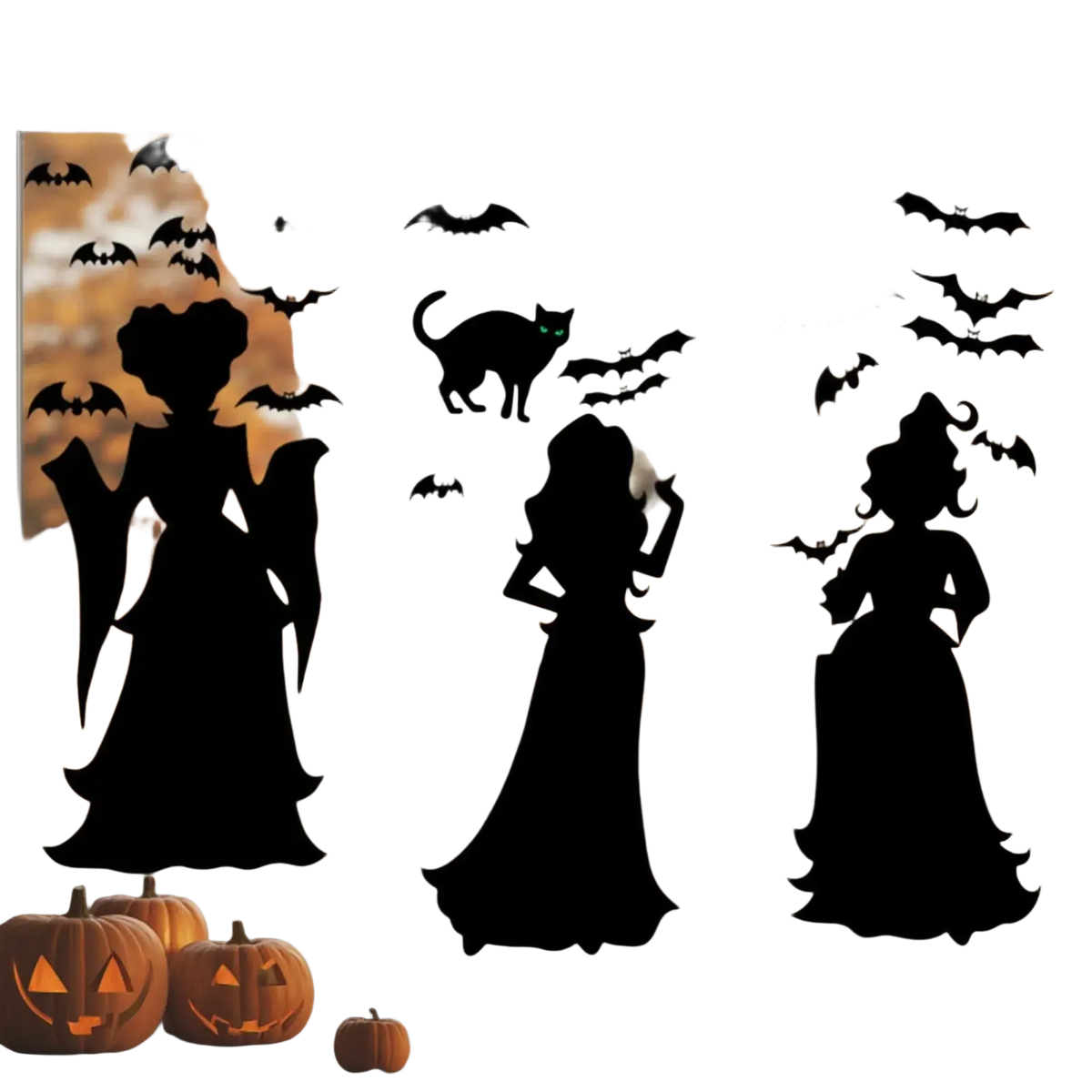 Black halloween-themed wall stickers featuring witch and bat silhouettes for living room window decoration