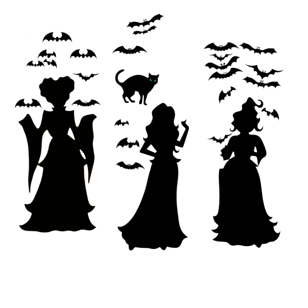 Black Halloween wall stickers featuring witches, bats, and a cat with green eyes for living room window decoration