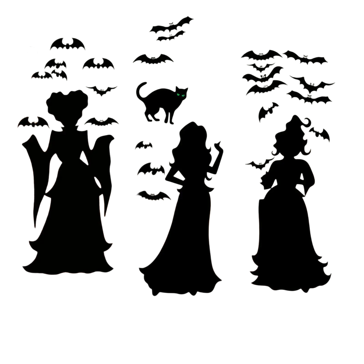 Black Halloween wall stickers featuring witches, bats, and a cat with green eyes for living room window decoration
