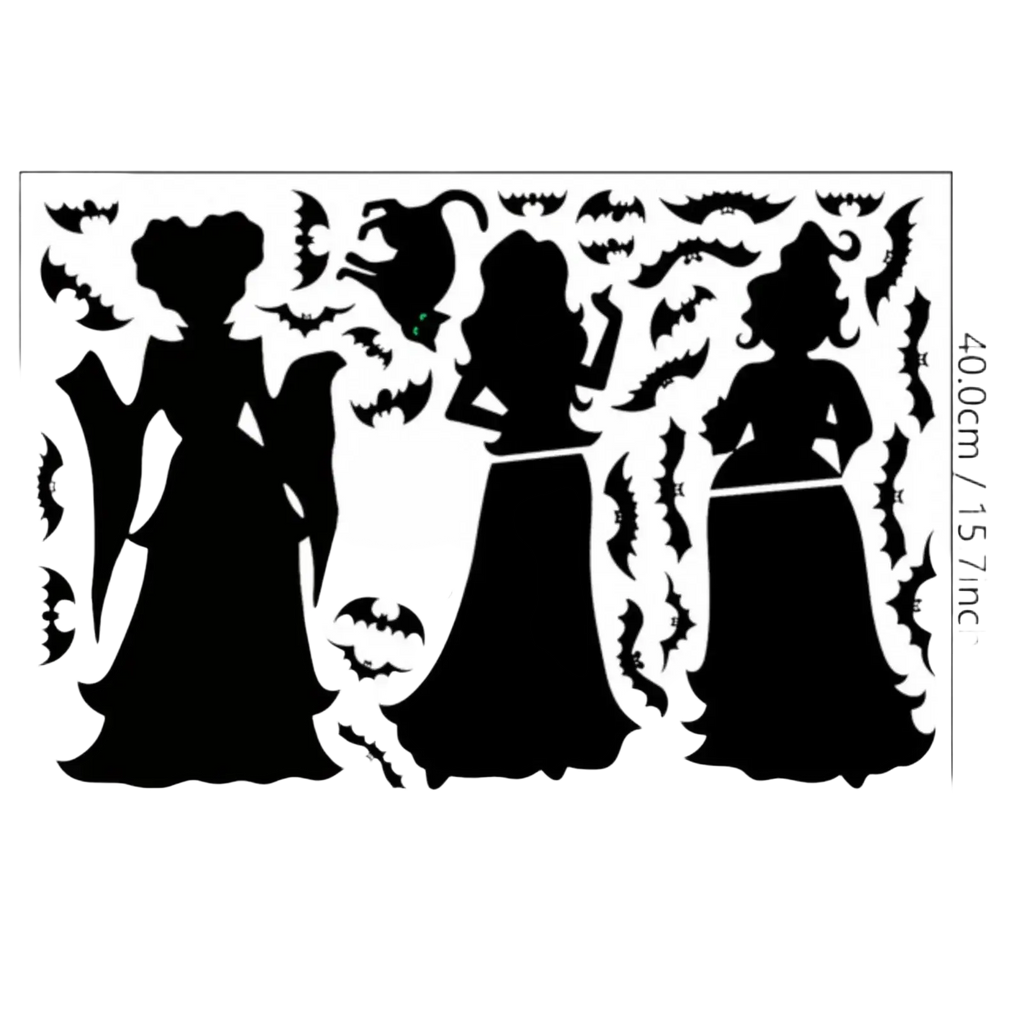 Black halloween-themed wall stickers with witch and bat silhouettes for living room decoration