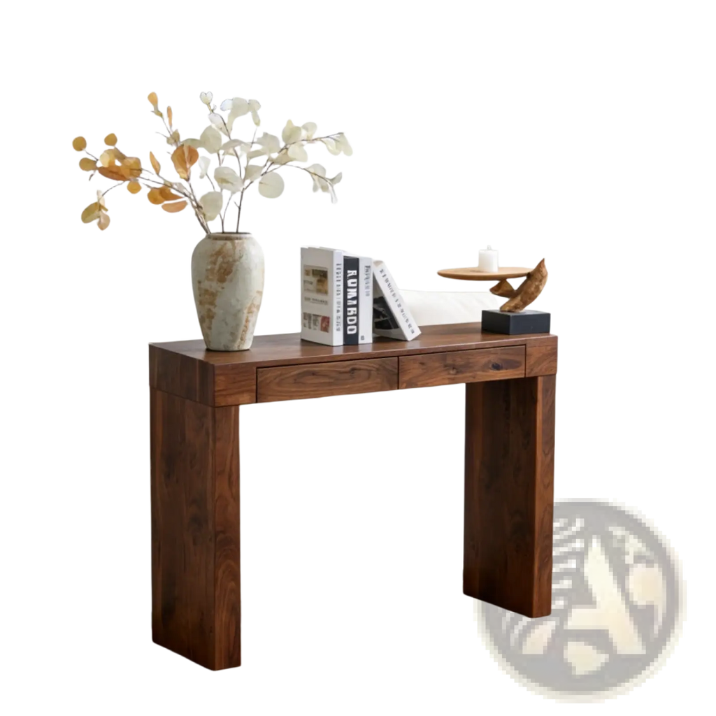 Dark wood walnut wood bar table with two drawers and sturdy rectangular legs 50 inch console table