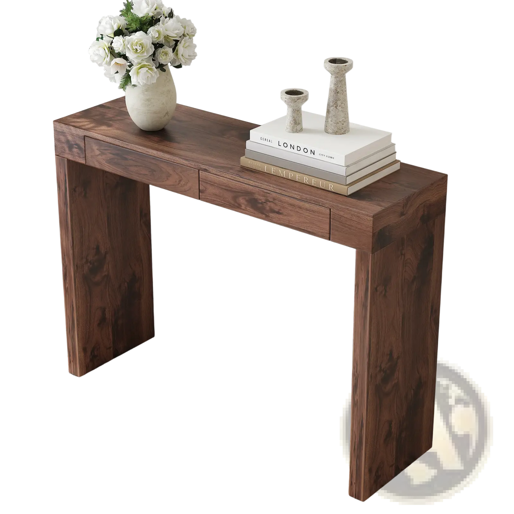 Dark brown walnut wood bar table with double drawers 50 inch featuring a sleek minimalist console design