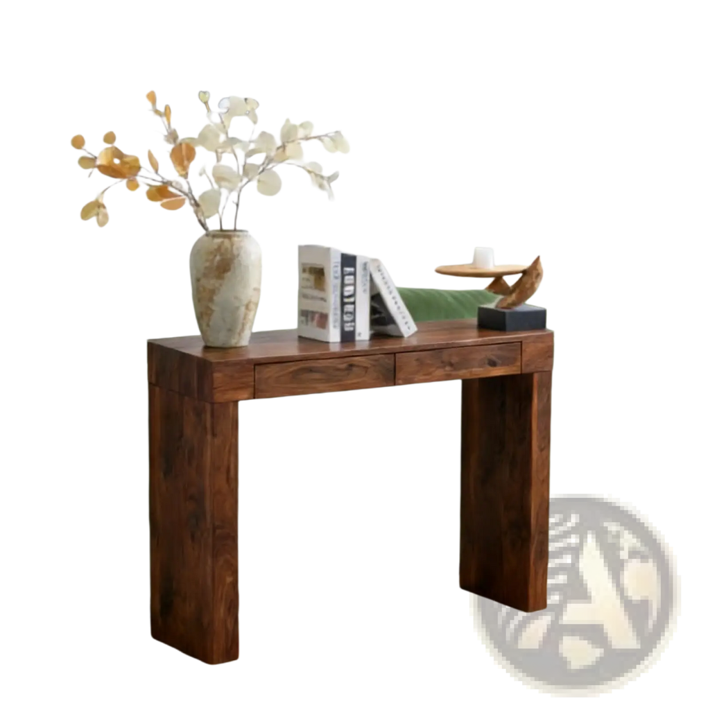 Dark brown walnut wood bar table with double drawers and rustic solid wood finish 50 inch console table