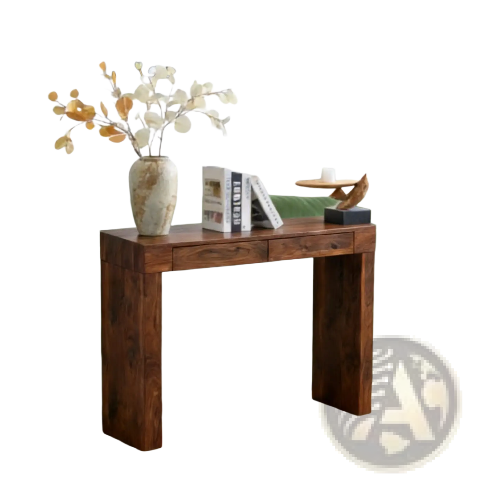 Dark brown walnut wood bar table with double drawers and rustic solid wood finish 50 inch console table