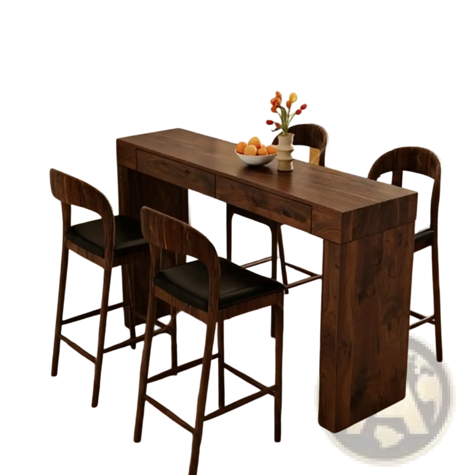 Walnut wood bar table with double drawers in dark wood featuring a sleek modern design and 50 inch length