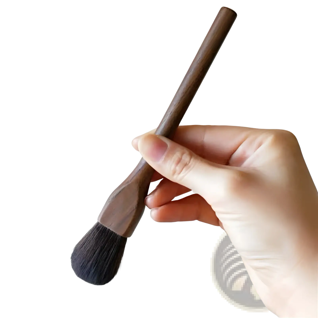 A sleek dark brown wooden-handled makeup brush with dense black fiber bristles from walnut wood set