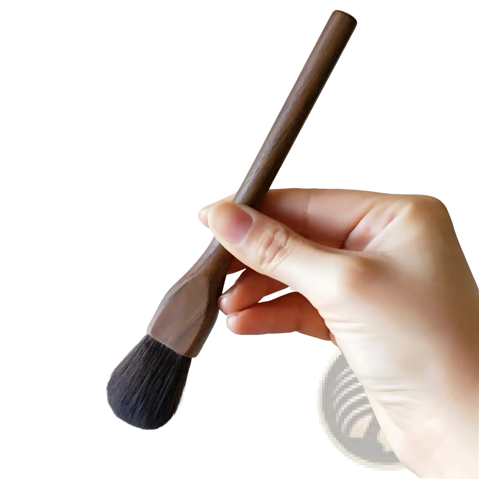 A sleek dark brown wooden-handled makeup brush with dense black fiber bristles from walnut wood set