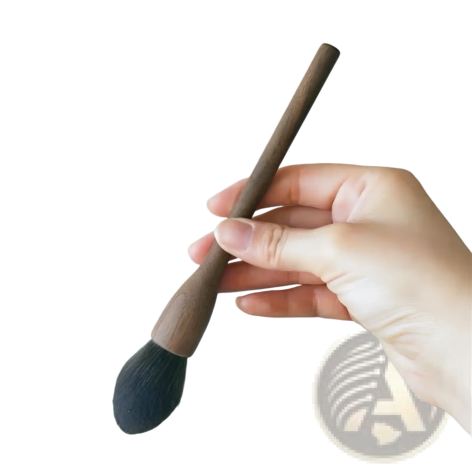 A sleek dark brown walnut wood handled makeup brush with dense black soft fiber bristles for precise application