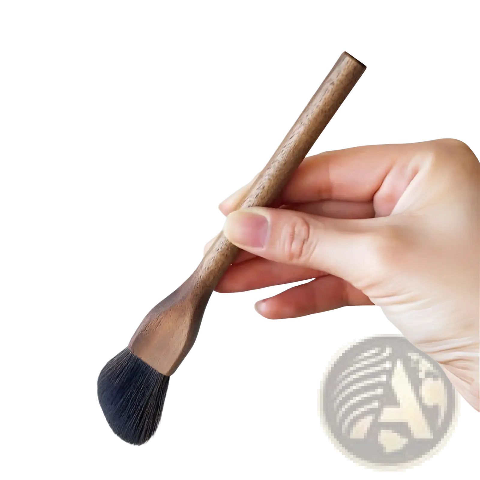 A sleek dark brown walnut wood makeup brush with dense black soft fiber bristles for precise application