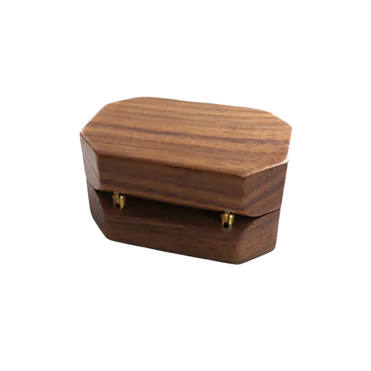 Walnut wood octagonal engagement ring box in dark brown with smooth finish and two small gold toned clasps