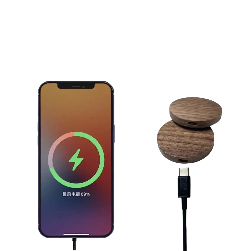 Walnut wood wireless charging pad 15w with circular natural grain finish and minimalist design for fast charging